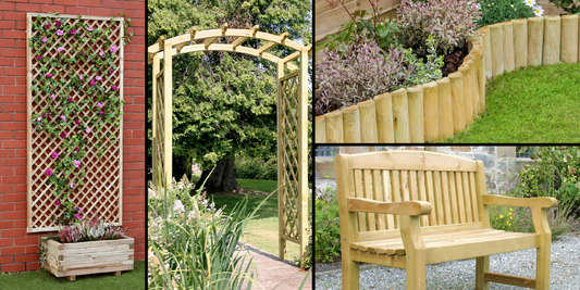 A diamond trellis, Daria garden arch, log roll for garden and lawn edging and a timber garden bench