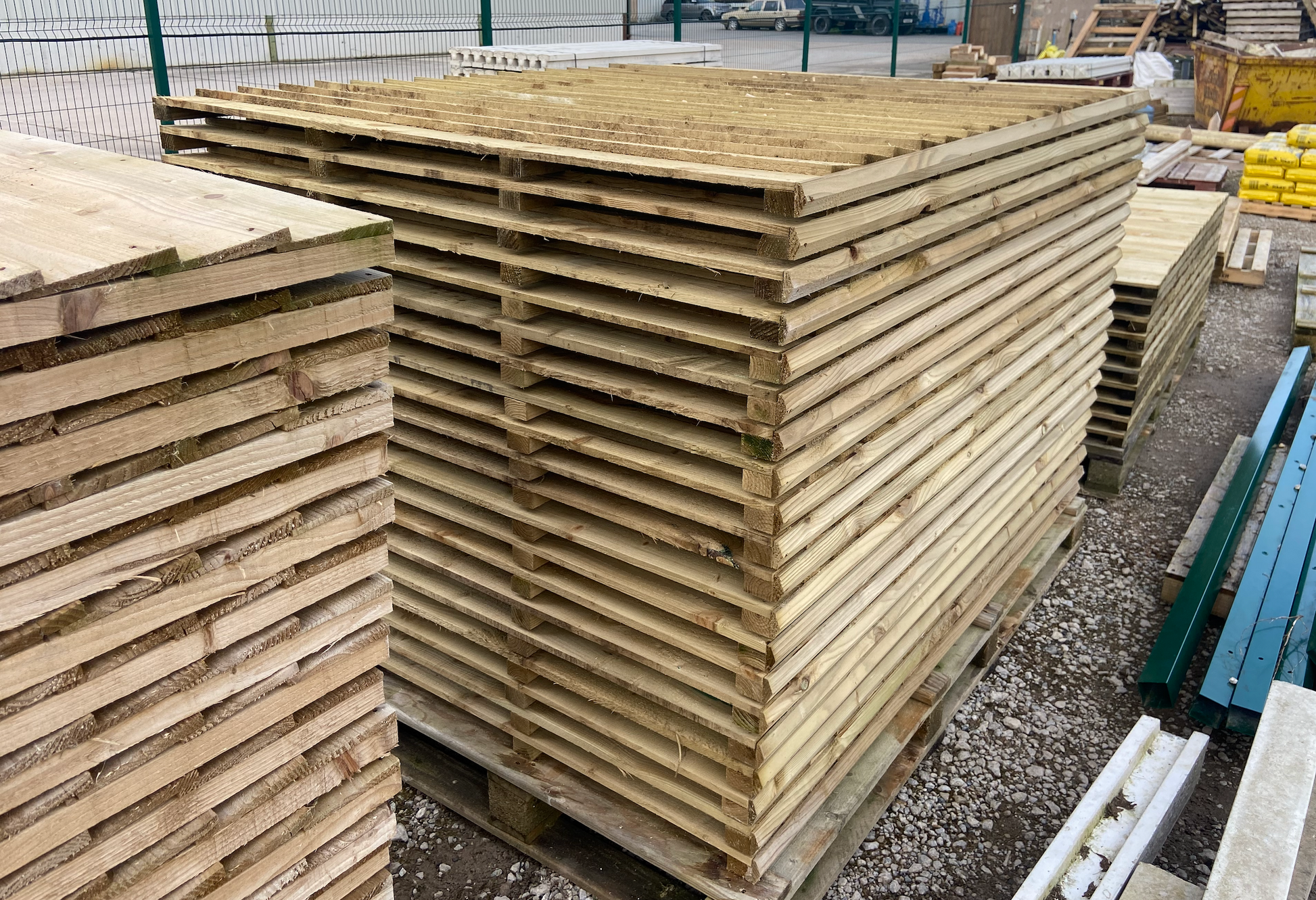 Stack of pressure treated featheredge fence panels in stock at our Chester timber yard